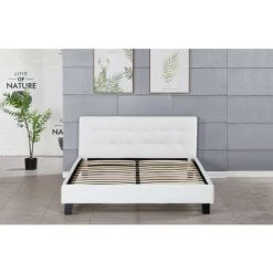 NUITS D'OR Frederic - Solide Et Confortable Lit Avec Sommier + Tête De Lit Capitonnee Couleur BLANC + Pieds En 10 Cm Pour Matelas En 140x190 - 2 X 13 Lattes - Revetement PVC Simili Facile D'entretien - Montage Rapide Et Facile