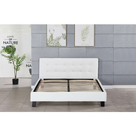 NUITS D'OR Frederic - Solide Et Confortable Lit Avec Sommier + Tête De Lit Capitonnee Couleur BLANC + Pieds En 10 Cm Pour Matelas En 140x190 - 2 X 13 Lattes - Revetement PVC Simili Facile D'entretien - Montage Rapide Et Facile 3 NUITS D'OR Frederic - Solide Et Confortable Lit Avec Sommier + Tête De Lit Capitonnee Couleur BLANC + Pieds En 10 Cm Pour Matelas En 140x190 - 2 X 13 Lattes - Revetement PVC Simili Facile D'entretien - Montage Rapide Et Facile