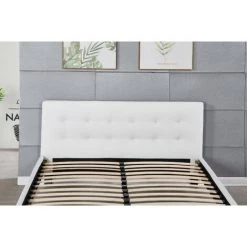 PROVENCE LITERIE Frederic - Solide Et Confortable Lit Avec Sommier + Tête De Lit Capitonnee Couleur BLANC + Pieds En 10 Cm Pour Matelas En 140x190 - 2 X 13 Lattes - Revetement PVC Simili Facile D'entretien - Montage Rapide Et Facile