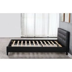 PROVENCE LITERIE Frederic - Solide Et Confortable Lit Avec Sommier + Tête De Lit Capitonnee Couleur NOIR + Pieds En 10 Cm Pour Matelas En 90x190 - 13 Lattes - Revetement PVC Simili Facile D'entretien - Montage Rapide Et Facile