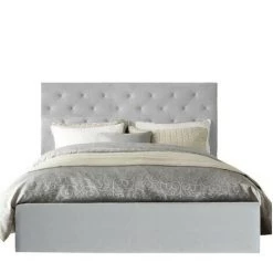 PROVENCE LITERIE Nico - Solide Et Confortable Lit Coffre + Tête De Lit Capitonnée Blanc + Pieds Pour Matelas En 140x200 - 2 X 14 Lattes - Montage Rapide Et Facile - Revetement PVC Simili Facile D'entretien