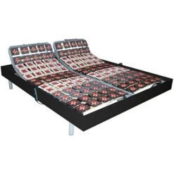 VENTE-UNIQUE.COM Sommier électrique De Relaxation 2x65 Plots Déco Bois Noir De DREAMEA - 2 X 80 X 200 Cm - Moteurs OKIN - Noir -Sommier Soldes 57216951 2