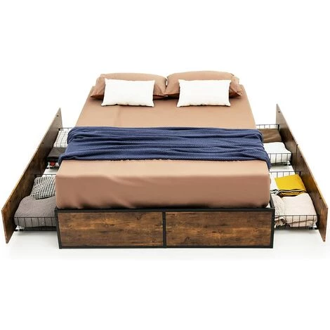 COSTWAY Lit Double Pour Adulte Industriel, 140 X 200 CM, Structure De Lit Avec 4 Tiroirs Roulants, Trous Réservé Pour Tête De Lit 3 COSTWAY Lit Double Pour Adulte Industriel, 140 X 200 CM, Structure De Lit Avec 4 Tiroirs Roulants, Trous Réservé Pour Tête De Lit