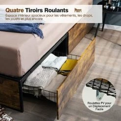 COSTWAY Lit Double Pour Adulte Industriel, 140 X 200 CM, Structure De Lit Avec 4 Tiroirs Roulants, Trous Réservé Pour Tête De Lit 9 COSTWAY Lit Double Pour Adulte Industriel, 140 X 200 CM, Structure De Lit Avec 4 Tiroirs Roulants, Trous Réservé Pour Tête De Lit -Sommier Soldes 65725067 3
