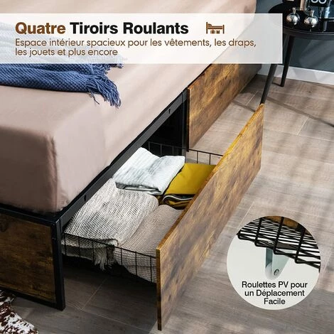 COSTWAY Lit Double Pour Adulte Industriel, 140 X 200 CM, Structure De Lit Avec 4 Tiroirs Roulants, Trous Réservé Pour Tête De Lit 5 COSTWAY Lit Double Pour Adulte Industriel, 140 X 200 CM, Structure De Lit Avec 4 Tiroirs Roulants, Trous Réservé Pour Tête De Lit – Image 3