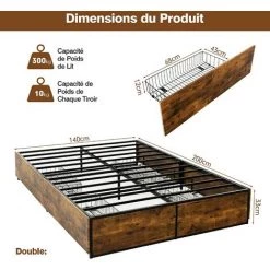 COSTWAY Lit Double Pour Adulte Industriel, 140 X 200 CM, Structure De Lit Avec 4 Tiroirs Roulants, Trous Réservé Pour Tête De Lit 11 COSTWAY Lit Double Pour Adulte Industriel, 140 X 200 CM, Structure De Lit Avec 4 Tiroirs Roulants, Trous Réservé Pour Tête De Lit -Sommier Soldes 65725067 5