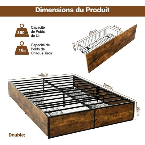 COSTWAY Lit Double Pour Adulte Industriel, 140 X 200 CM, Structure De Lit Avec 4 Tiroirs Roulants, Trous Réservé Pour Tête De Lit 7 COSTWAY Lit Double Pour Adulte Industriel, 140 X 200 CM, Structure De Lit Avec 4 Tiroirs Roulants, Trous Réservé Pour Tête De Lit – Image 5